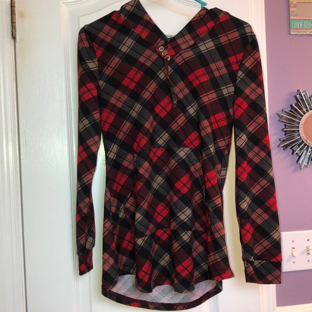 Long sleeve hooded plaid light sweatshirt.